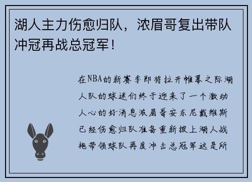 湖人主力伤愈归队，浓眉哥复出带队冲冠再战总冠军！